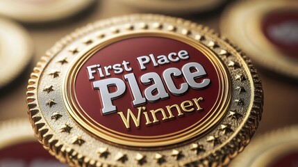 A badge with the words First Place Winner written on it in a gold and red color scheme with a white background a simple flat design highresolution photography and high quality