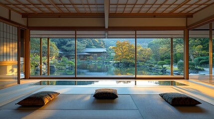 Japanese Traditional Room With View Of A Garden And Pond