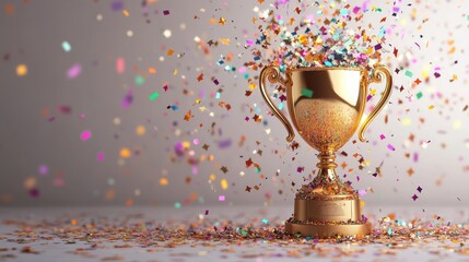 A recognizable golden trophy cup with stars and confetti falling around it on a light grey background This image represents the concept of success and victory