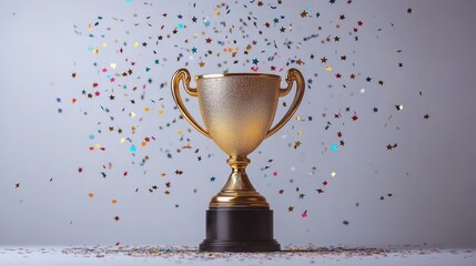 A recognizable golden trophy cup with stars and confetti falling around it on a light grey background This image represents the concept of success and victory
