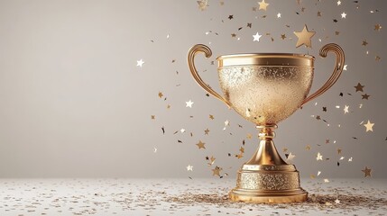 A recognizable golden trophy cup with stars and confetti falling around it on a light grey background This image represents the concept of success and victory