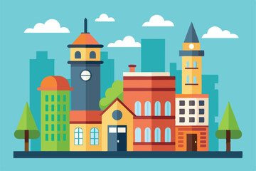 Fototapeta premium Colorful buildings arranged in a playful way, creating a lively city atmosphere with trees and blue sky, Customizable cartoon illustrations for buildings.