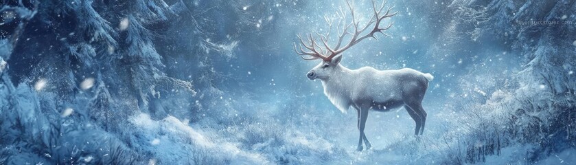 A majestic white deer standing gracefully in a snowy forest under soft blue light, creating a serene winter atmosphere.