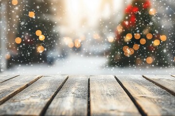 Fototapeta premium Wood table top on blur with bokeh Christmas tree background with snowfall. can be used for display or montage your products.