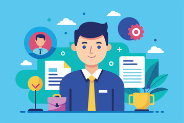 A professional character is depicted in an office environment, highlighting customizable business illustrations, Customizable cartoon illustrations for businesses