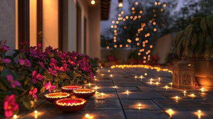 Diwali Indian Indian home, Diwali decorations and fairy lights, 3D illustration