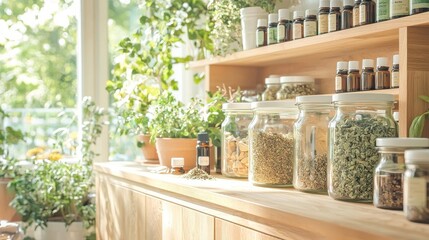 A holistic health enthusiast organizing dried herbs and essential oils in a wooden cabinet, natural light and a serene, organic home environment