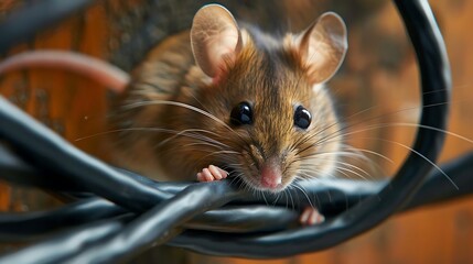 A close-up of a mouse perched among tangled wires, showcasing its curious expression.