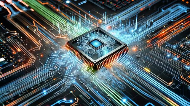 A Futuristic Electronic Circuit Featuring a Glowing CPU Component