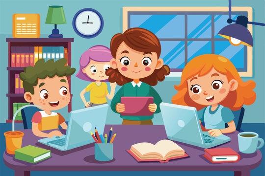 A group of children happily engaged in studying with laptops and tablets in a bright classroom setting, Customizable cartoon illustrations for kids studying from home.