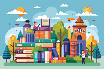 Fototapeta premium A lively library landscape features stacked books, whimsical buildings, and people enjoying reading outdoors, Customizable cartoon illustrations for libraries.
