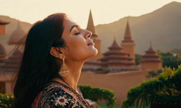 Serene Moroccan Woman Breathing Deeply on Traditional Rug