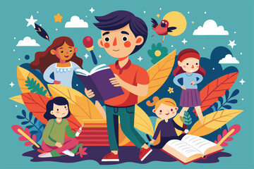 Fototapeta premium Children joyfully engage with poetry books surrounded by vibrant leaves and a sunny sky, Customizable cartoon illustrations for poetry.