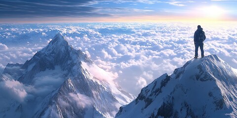 Hiker on snow-covered ridge surrounded by clouds, adventure and challenge