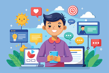 Fototapeta premium A cheerful young man holds a smartphone while surrounded by various tech and social media elements, Customizable cartoon illustrations for social ideas.