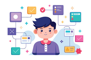 Fototapeta premium A character is surrounded by colorful icons and graphs representing user flow and digital interactions, Customizable cartoon illustrations for user flow.