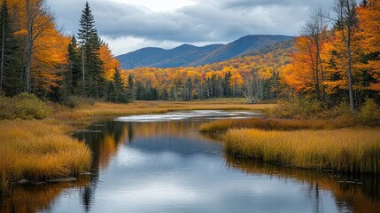 Fototapeta premium Serene Autumn Creek Winding Through Golden Forested Hills
