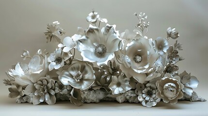 A decorative arrangement of intricately crafted white flowers, showcasing artistry and elegance.