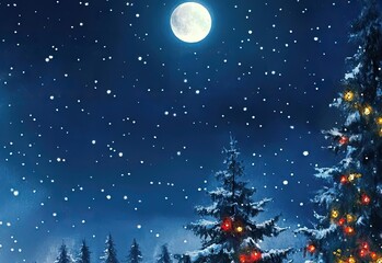 Naklejka premium A joyful Santa Claus sits atop a chimney under a starry winter sky, surrounded by snow and festive trees, capturing the spirit of Christmas.