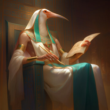 Thoth, the ancient Egyptian god with a bird head, seated on a throne with scrolls