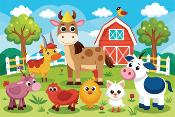 Naklejka premium Cartoon-style farm animals gather happily near a red barn under a bright blue sky with fluffy clouds, Customizable cartoon illustrations of farm animals.