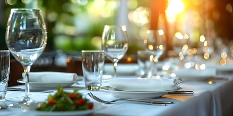 A beautifully set dining table with glassware, plates, and a fresh salad, illuminated by sunlight.