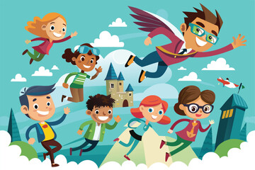 Children and a superhero joyfully fly through a colorful landscape with clouds and a castle, Customizable cartoon illustrations of people flying.