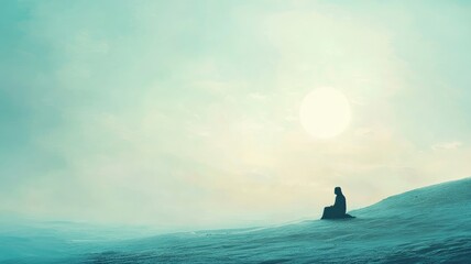 Lone figure sitting on snowy slope under pale sun, tranquil and introspective scene