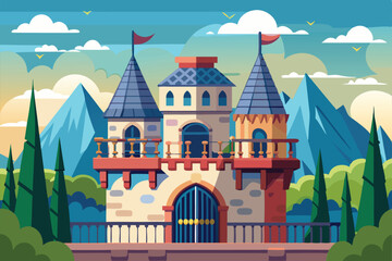 Fototapeta premium A colorful castle stands on a balcony surrounded by lush trees and majestic mountains under a bright sky, Customizable flat illustration of a balcony castle
