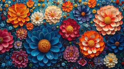 A vibrant arrangement of intricately designed flowers in various colors and sizes.