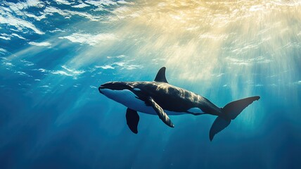Obraz premium Majestic orca swimming in clear blue ocean waters with sunlight streaming down