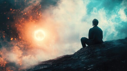 Obraz premium Person sitting on rocky terrain, gazing at vibrant, colorful sky, creating contemplative atmosphere