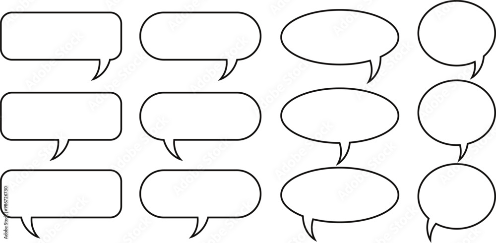 Poster set of outline chat and comment box design. blank outline message box design. outline empty speech bubble design vector illustration.