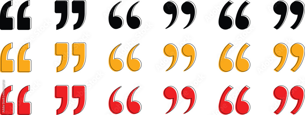 Poster set of black orange red quote mark icon design. text quotation mark symbol vector illustration.
