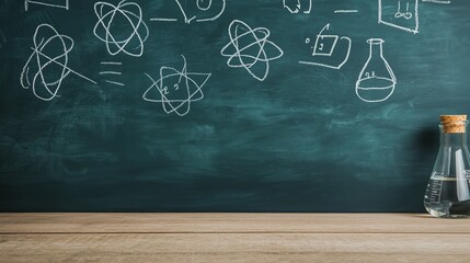Chemistry Classroom Blackboard With Beaker and Wooden Table