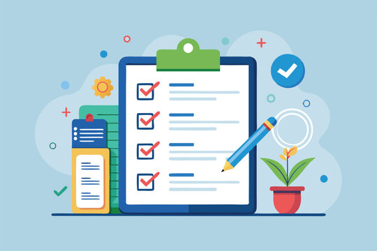 A colorful checklist illustrates personal goals, highlighting task completion and productivity tools, Customizable checklist for personal goals with a simple flat illustration.