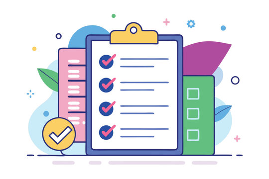 A colorful checklist design includes playful illustrations and vibrant elements, perfect for organization, Customizable checklist with disproportionate illustration.