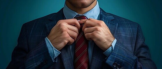 A man adjusting his tie, dressed in a formal suit against a blue background.