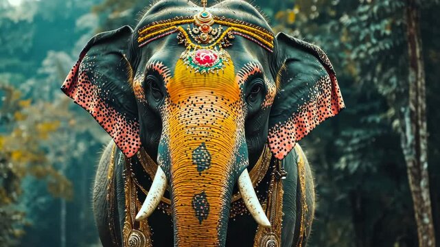 Majestic elephant adorned with traditional decorations walks through the jungle at sunrise in an Indian wildlife sanctuary