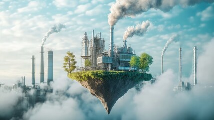 Floating island with industrial plant amidst clouds, emitting smoke