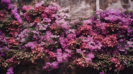 A vibrant display of bougainvillea flowers in various shades, creating a colorful wall of nature.