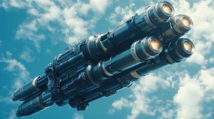A futuristic space ship with four engines is flying through the sky. The sky is blue with a few clouds scattered throughout. Scene is one of adventure and exploration