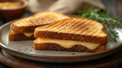 Grilled cheese sandwich on a plate, showcasing golden-brown toasted bread and melted cheese.