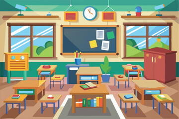 A lively classroom filled with desks, books, and plants, designed to foster creativity and education, Customizable classroom illustration