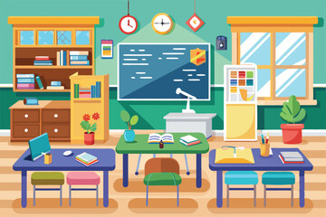 Fototapeta premium A lively classroom features colorful desks, textbooks, and a chalkboard ready for teaching activities, Customizable classroom illustration that is disproportionate.