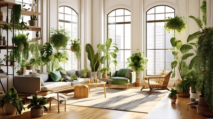 Fototapeta premium A bright, modern living room filled with various indoor plants and natural light.