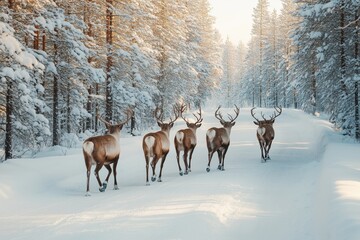 Obraz premium A group of reindeer strolls along a snowy road