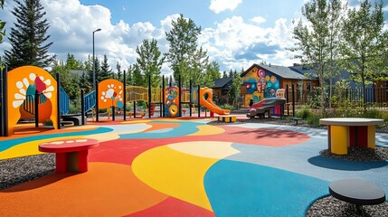 Colorful Playground with Swings, Slides, and a Unique Ground Design
