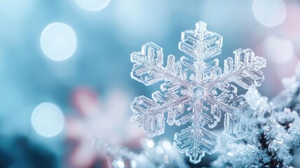 A close-up view of a beautiful snowflake resting on a snowy surface, showcasing intricate patterns and winter beauty.