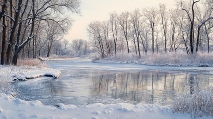 A tranquil winter landscape featuring a serene river surrounded by snow-covered trees and ice, capturing the beauty of nature.